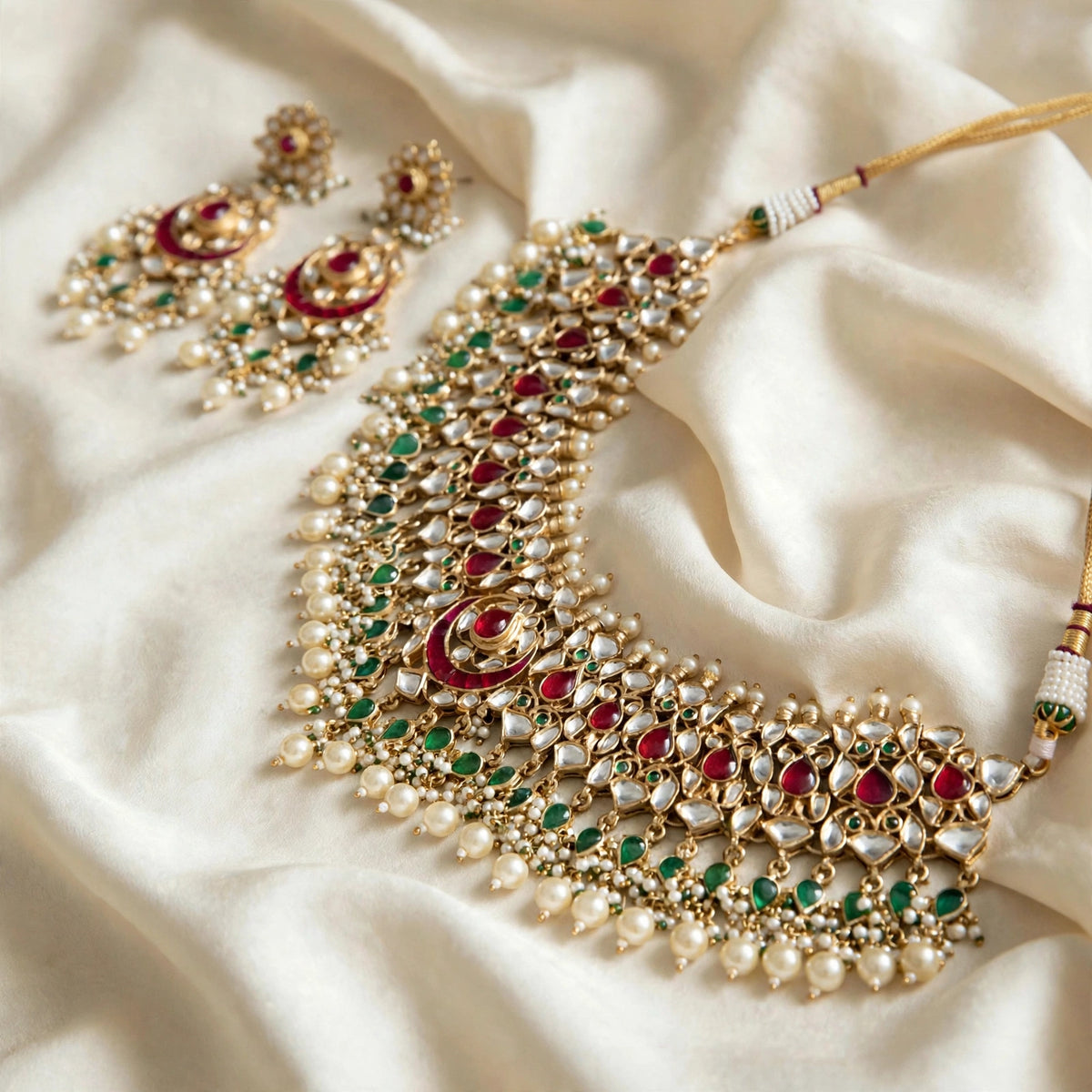 Traditional Kundan Choker Set, Gold Plated Handmade Indian Bridal Necklace Earrings