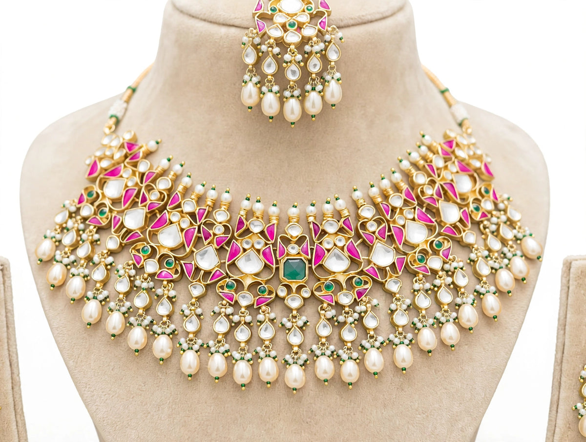 Handmade Kundan Wedding Choker with Earrings and Mangtika
