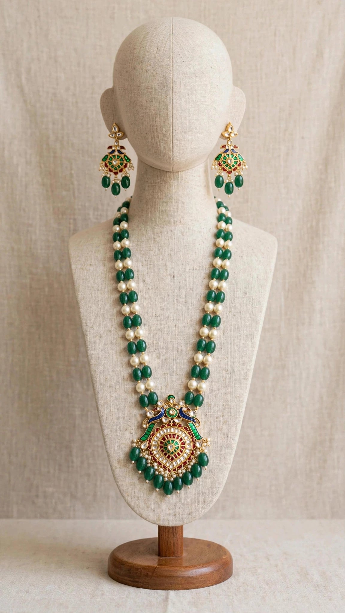 Kundan Jewelry Set | Gold Plated Necklace, Emerald and Pearl Earrings