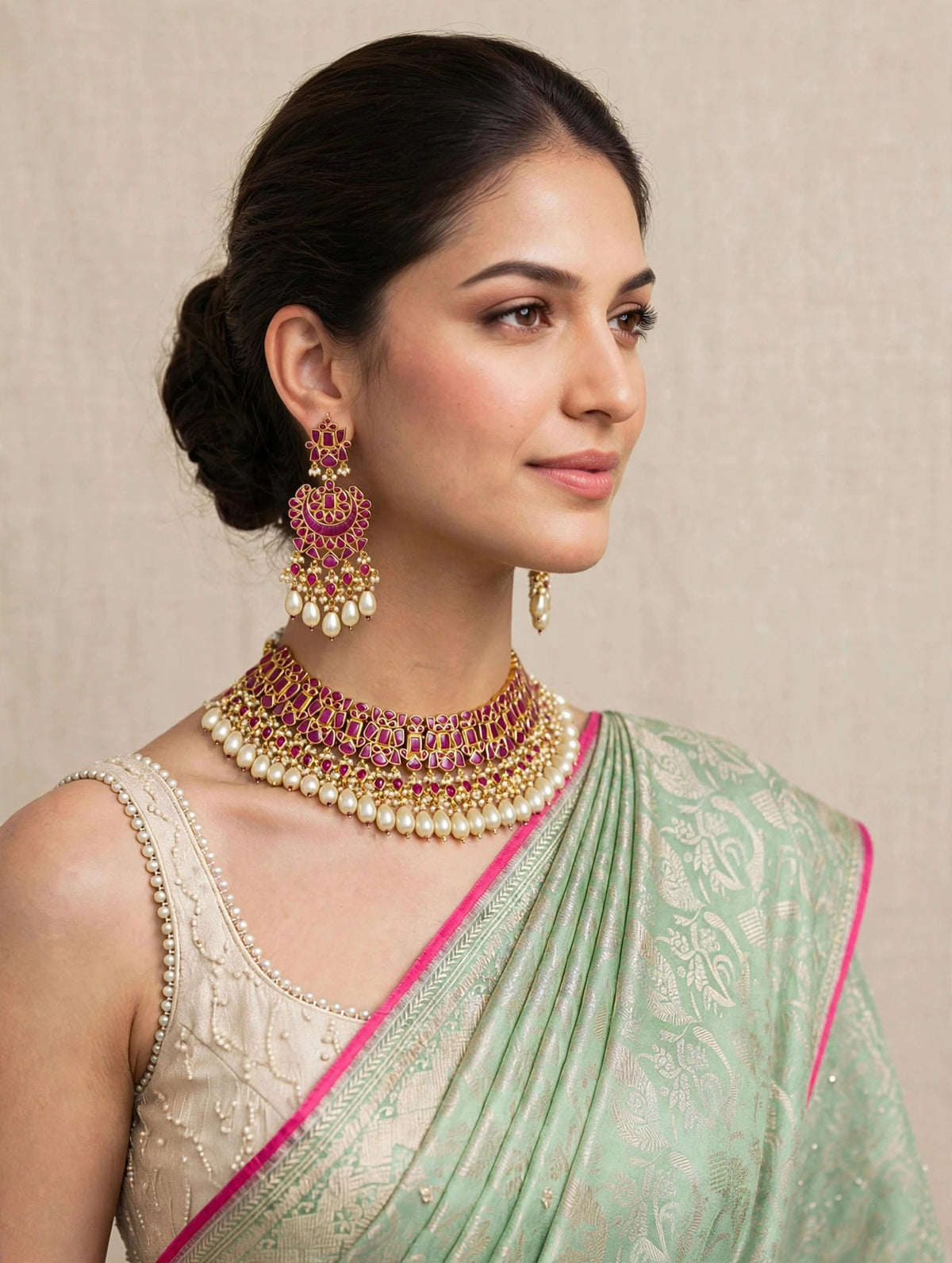 Kundan Jewelry, South Indian Bridal Choker Necklace with Chandbali Earrings