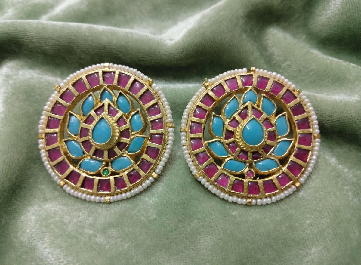 Handmade Kundan Earrings, Indian Bridal Jewelry, Turquoise & Pink