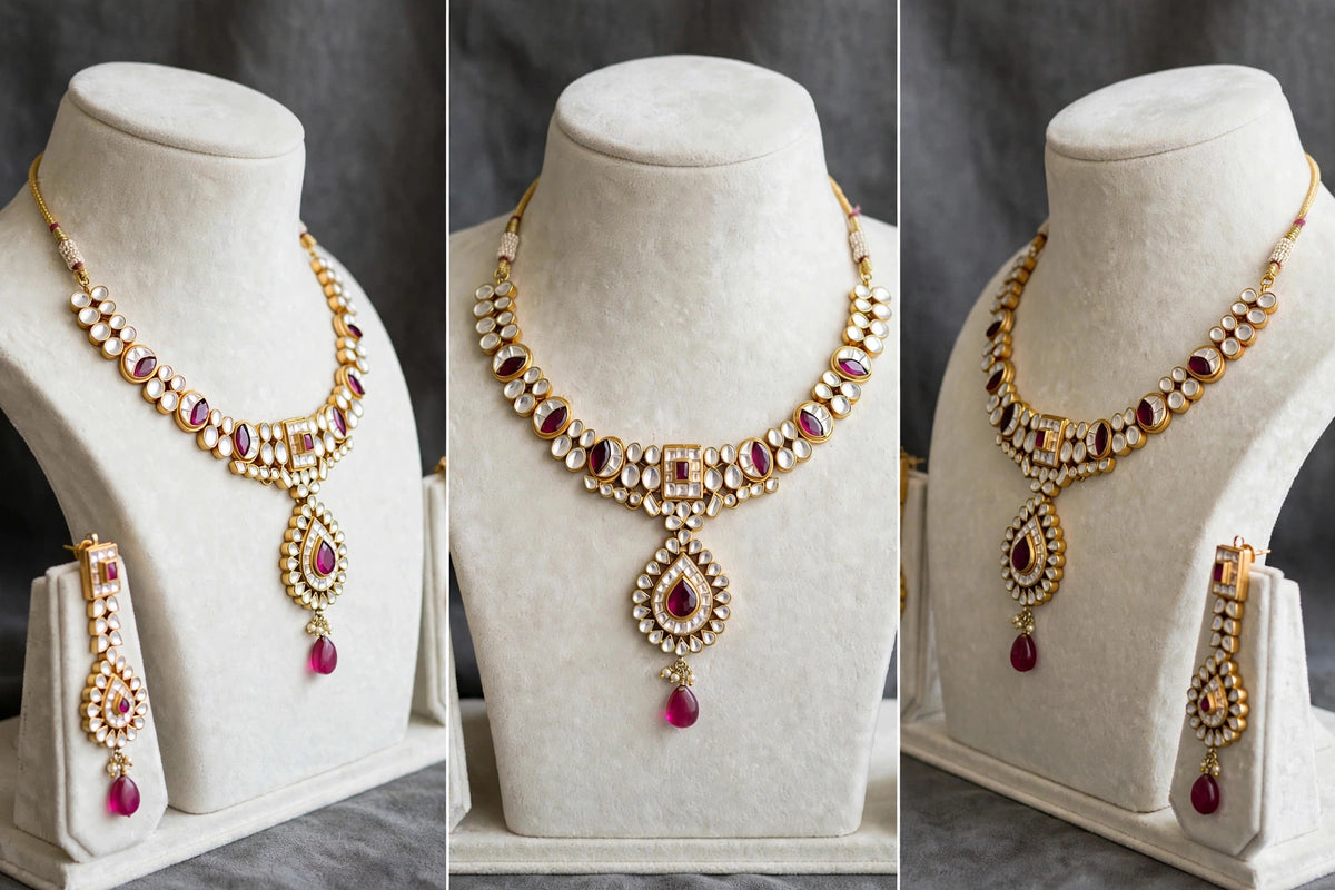 Handmade Kundan Choker Necklace with Earrings, Gold Plated Indian Handmade Jewellery Set