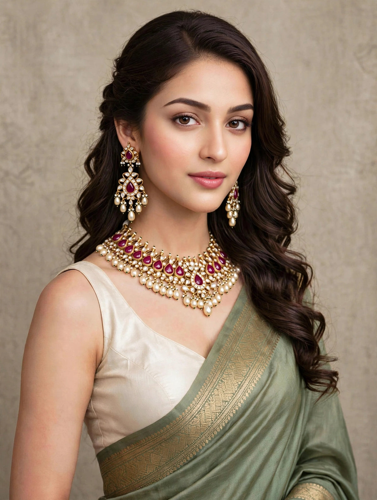 Handmade Kundan Choker Necklace Earrings Set, 22K Gold Plated Indian Bridal Jewelry