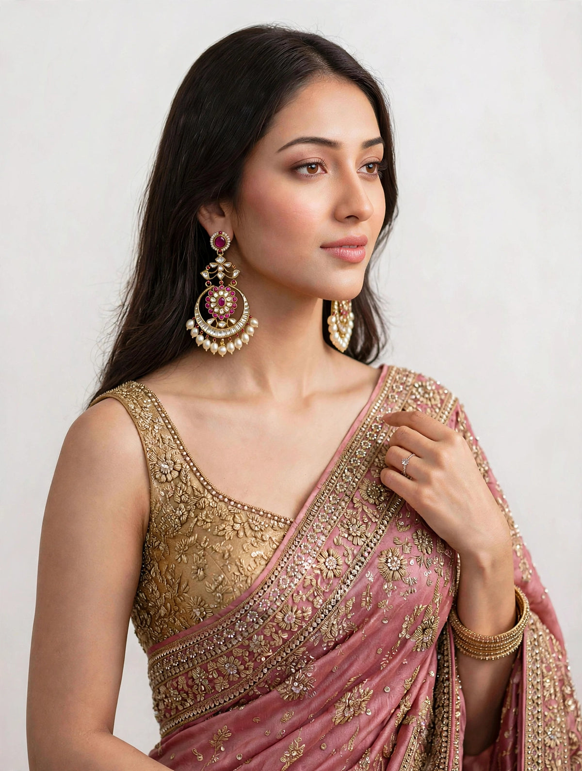 Kundan Chandbali Earrings, Gold Finish, Pearl Drop, Indian Bridal Jewelry