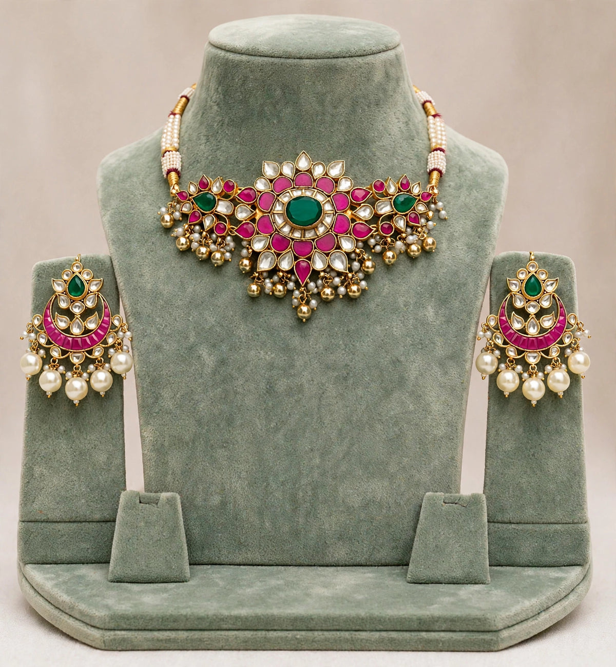 Handmade Kundan Choker Necklace Set, 22K Gold Plated, Bollywood Bridal Jewelry