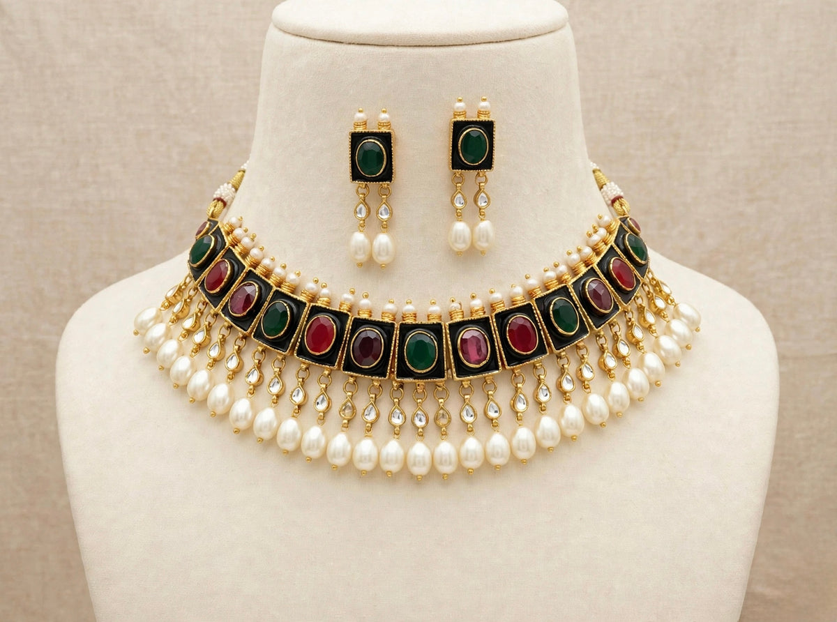 Black Enamelled Designer Kundan Jewellery Set, Statement Choker Necklace with Earrings