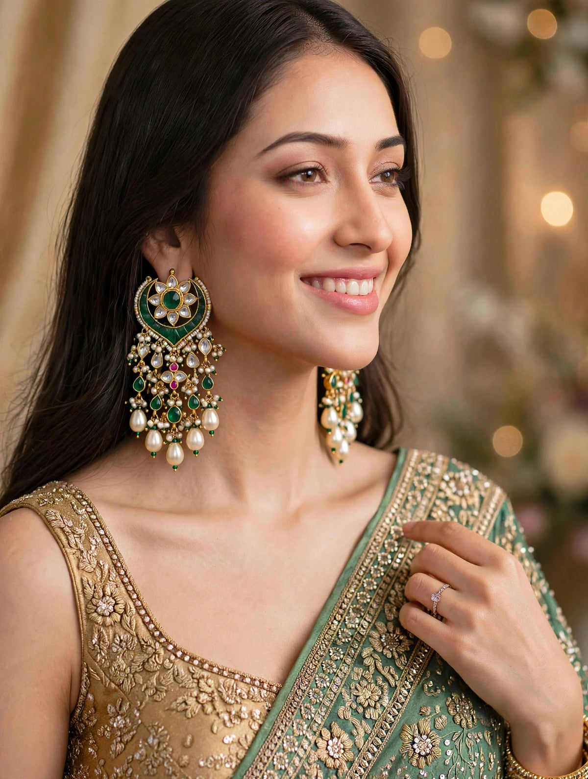Handmade Green Kundan Chandbali Earrings, Gold Plated Indian Bridal Jewelry