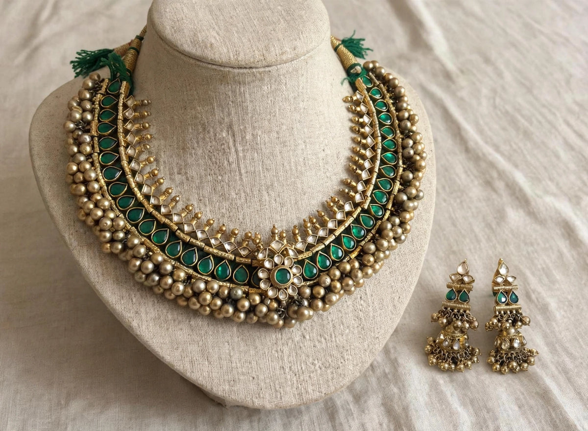Kundan Choker Necklace Set, Traditional Green Tussi Style, Indian Ethnic Jewelry, Antique Gold Finish