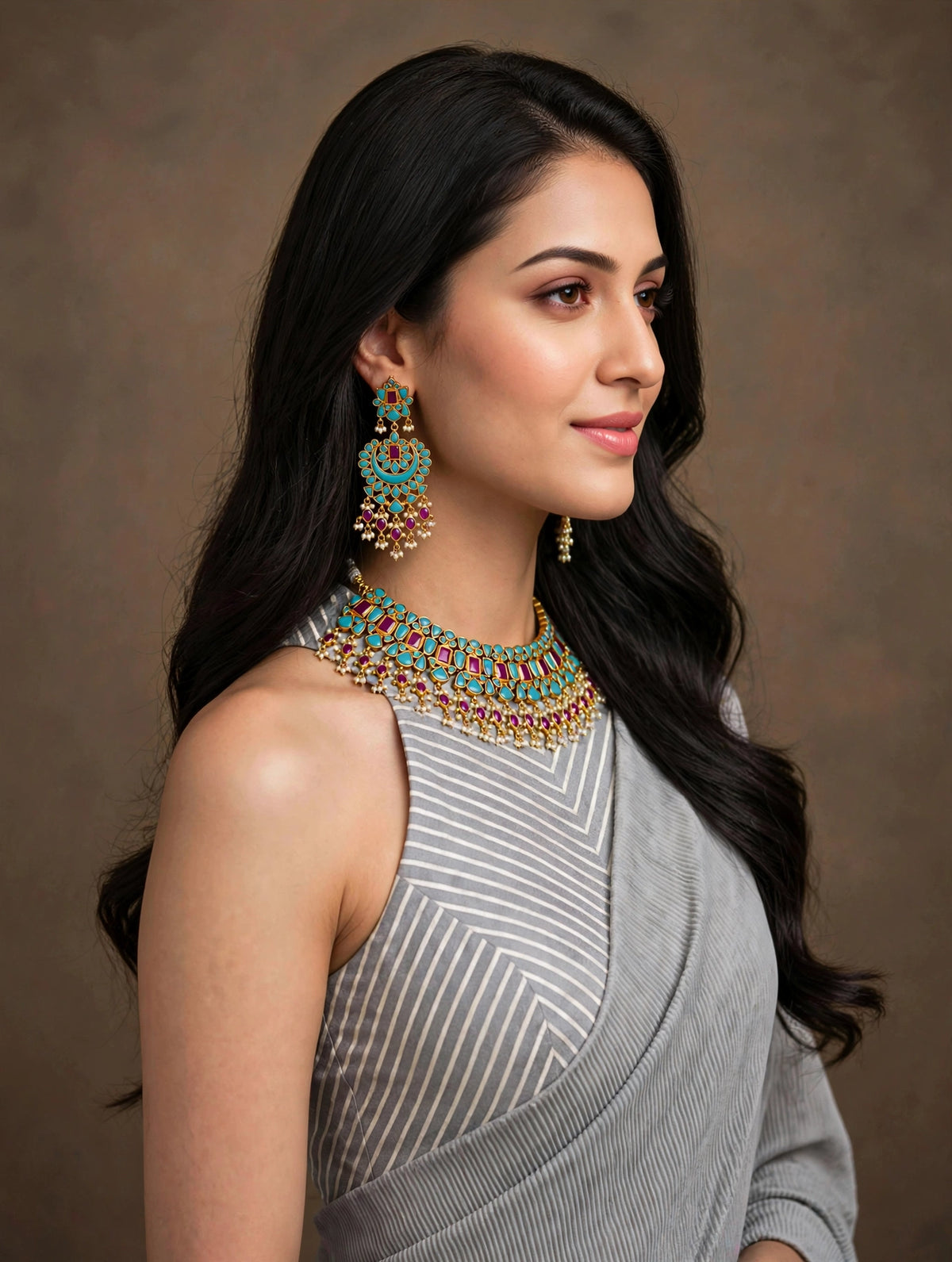 Kundan Choker Necklace & Chandbali Earrings | Gold Plated Indian Jewelry, Turquoise, Ruby Red