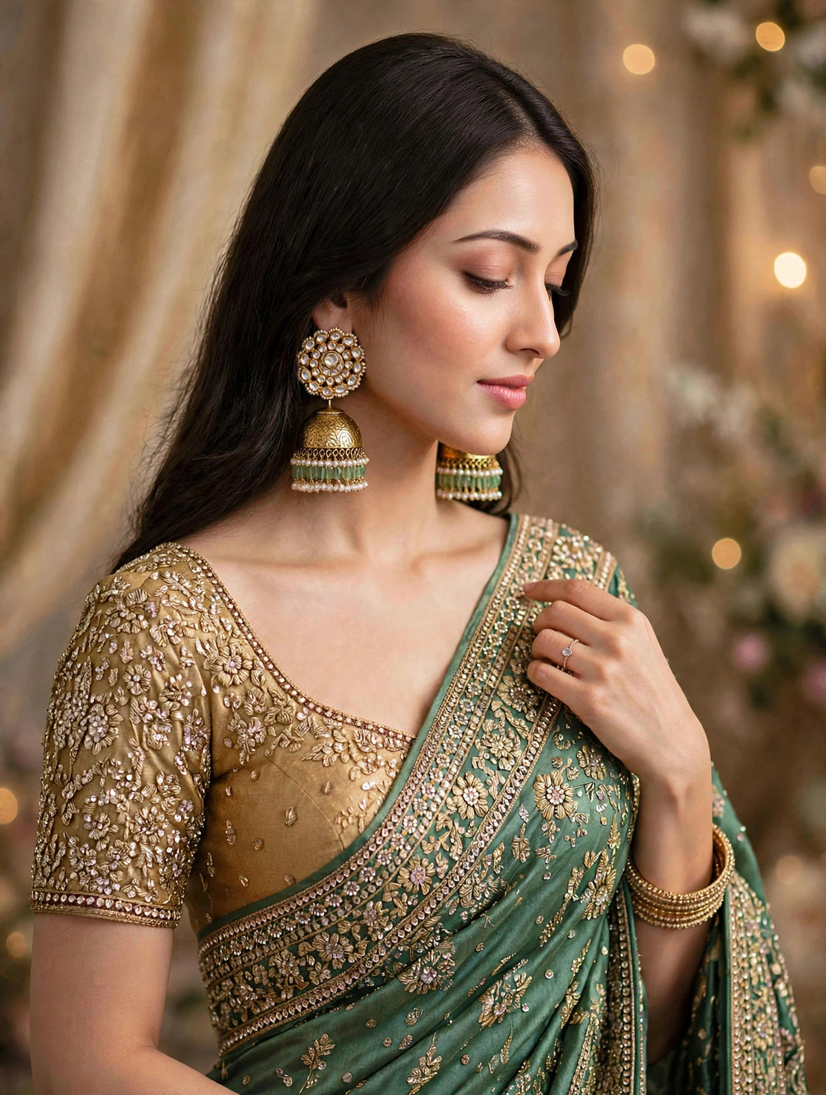 Kundan Jumkhi Earrings, Antique Gold, Indian Wedding Jewelry