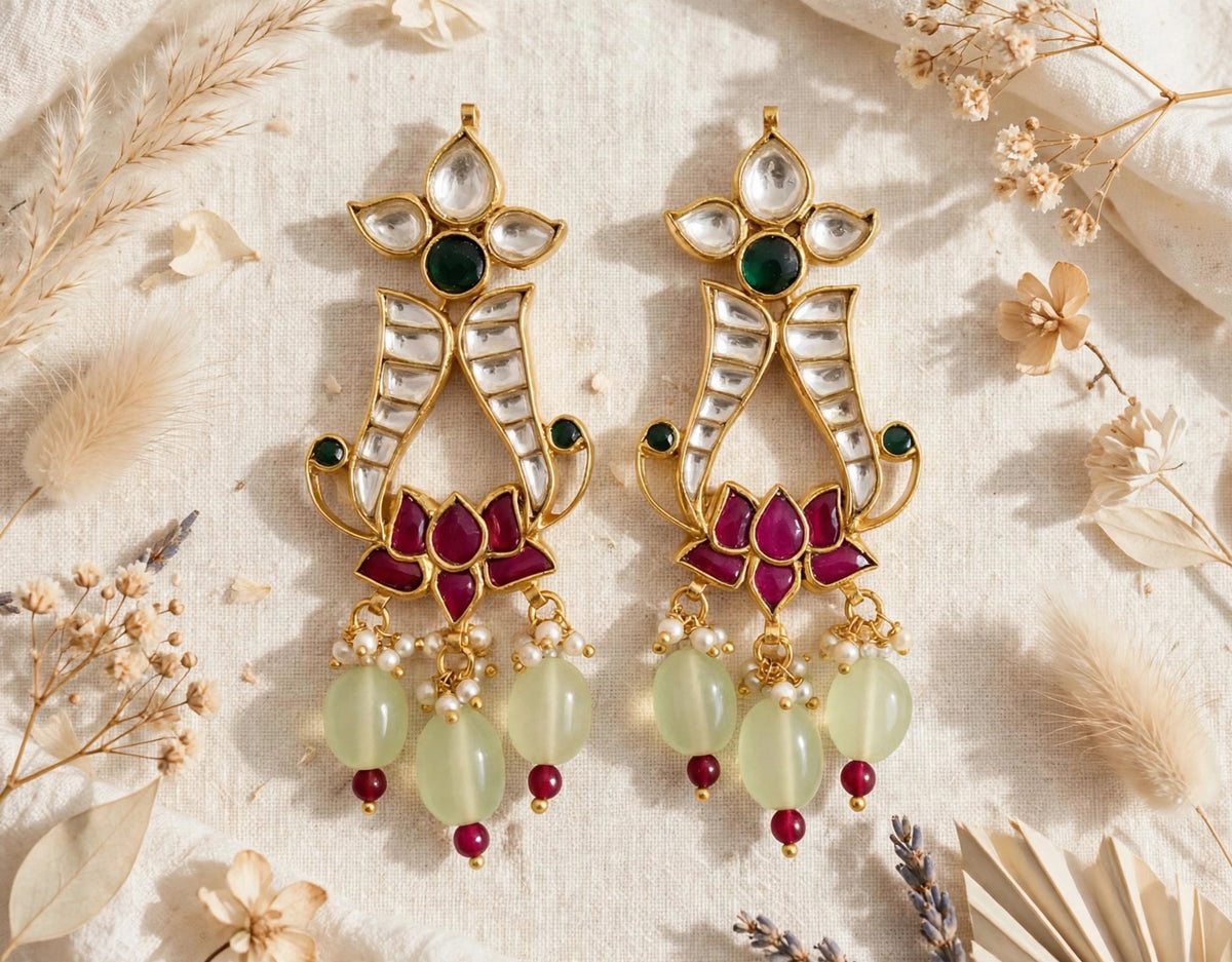 Gold Plated Kundan Earrings, Lotus Design, Indian Bridal Jewelry