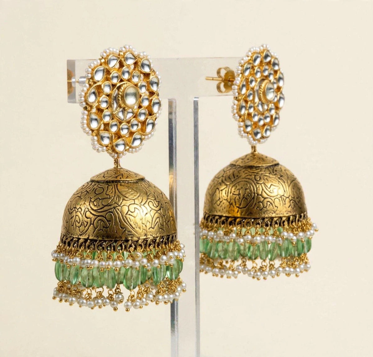 Kundan Jumkhi Earrings, Antique Gold, Indian Wedding Jewelry