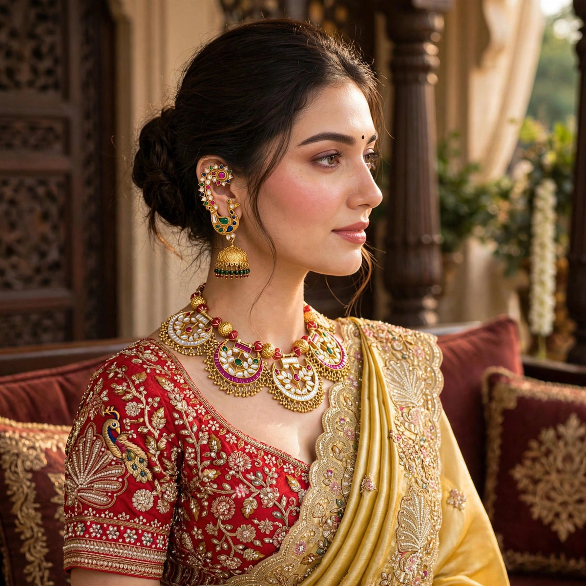 Royal Kundan Ear Cuff Earrings with Dangler Jumkhi, Luxury Indian Bridal Jewelry