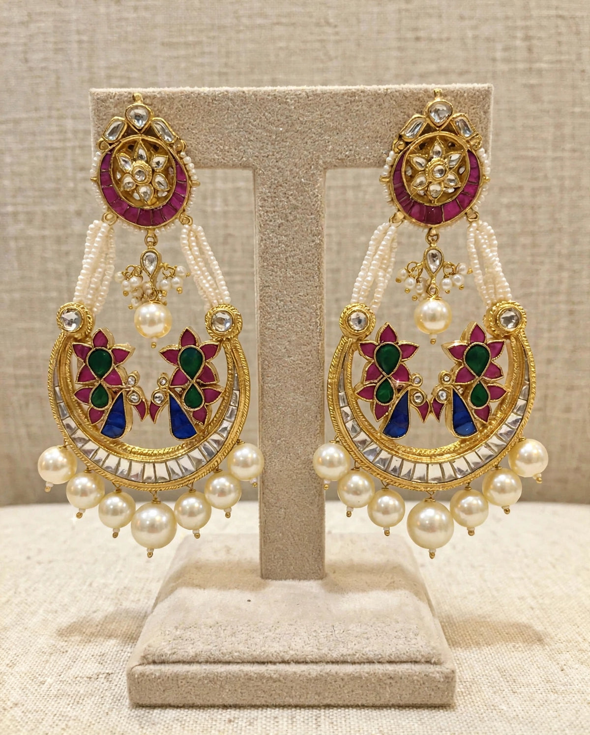 Handmade Kundan Chandbali Earrings, Gold Plated Indian Jewelry