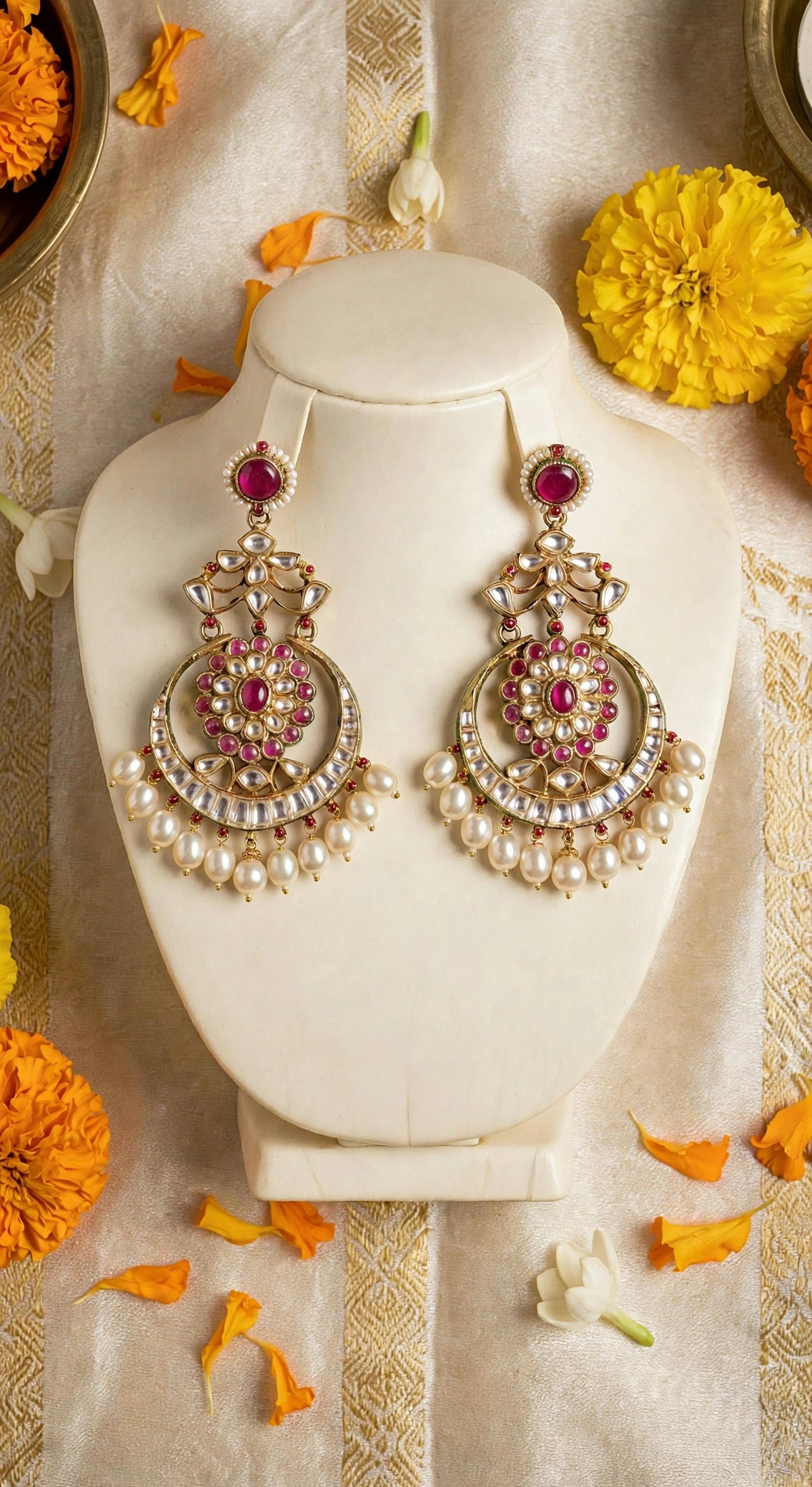 Kundan Chandbali Earrings, Gold Finish, Pearl Drop, Indian Bridal Jewelry