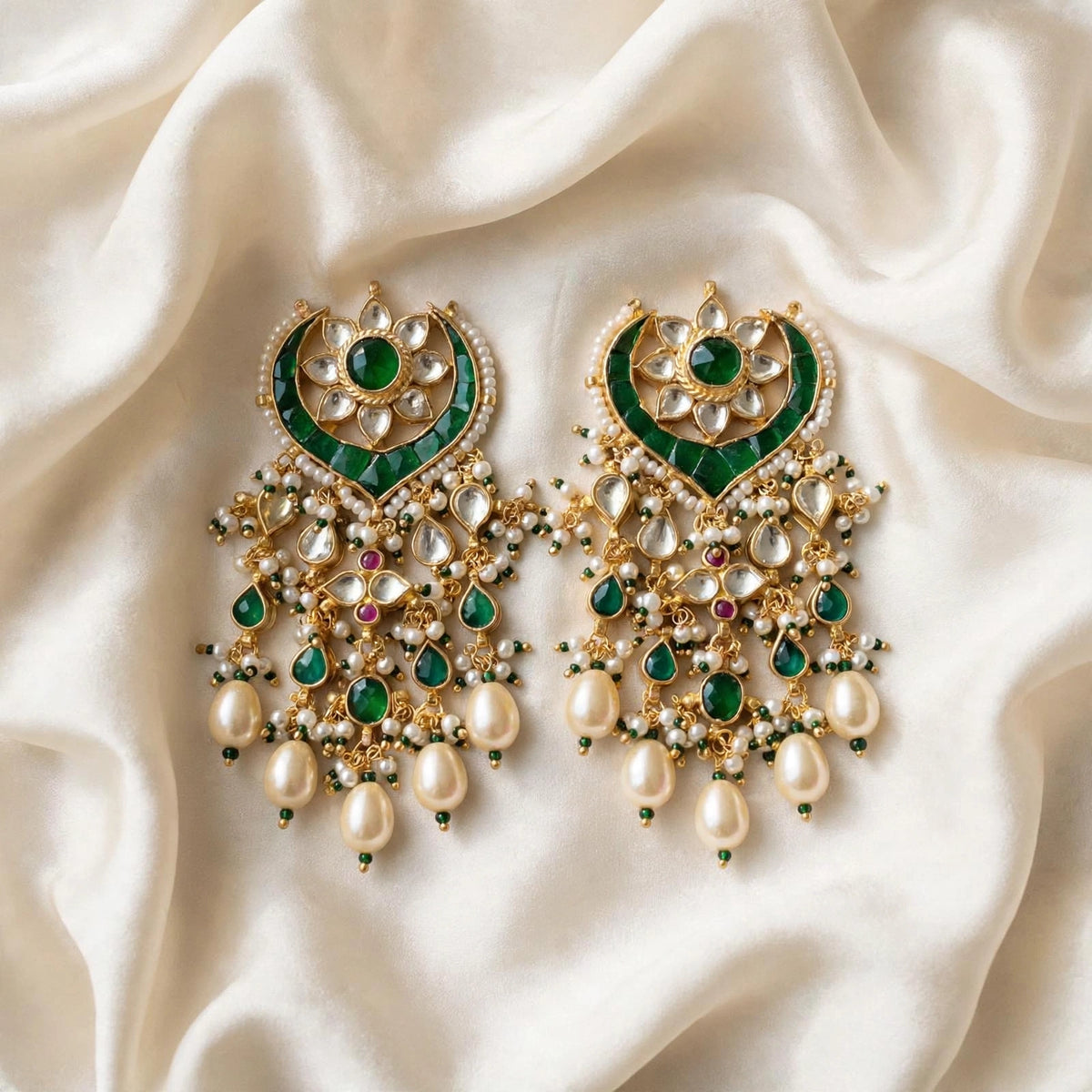 Handmade Green Kundan Chandbali Earrings, Gold Plated Indian Bridal Jewelry
