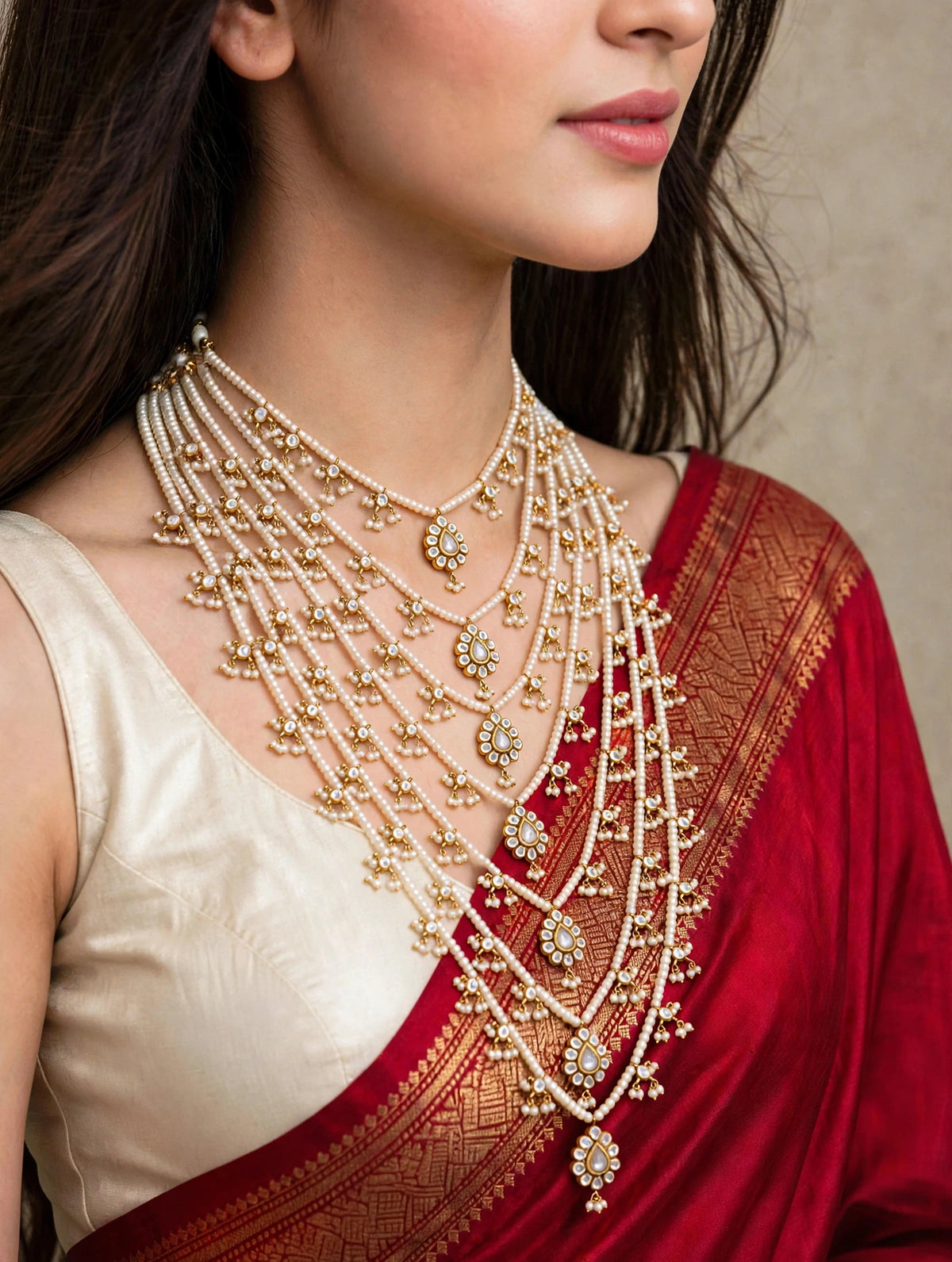 Kundan Pearl Satlada Necklace | 22k Gold Plated Bridal Jewelry | Multi layered Wedding Set
