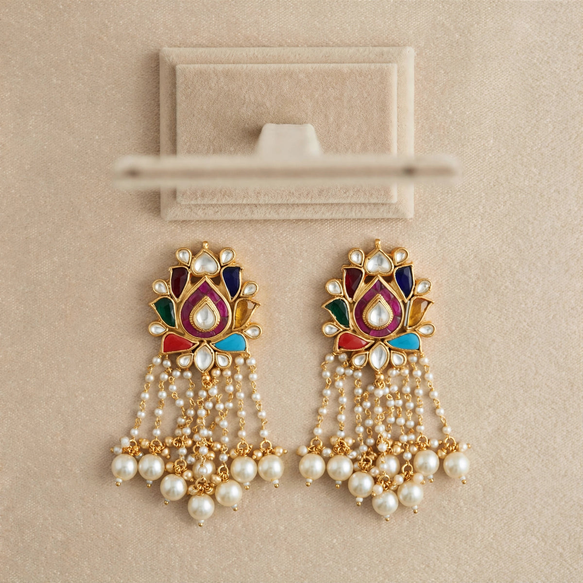Gold Plated Kundan Earrings | Navratna Pearl Drop Chand Bali | Indian Handmade Jewelry
