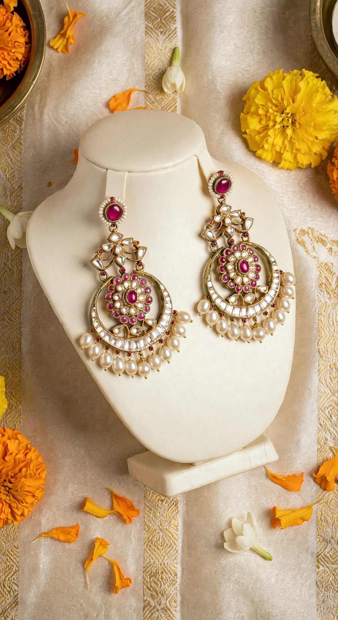 Kundan Chandbali Earrings, Gold Finish, Pearl Drop, Indian Bridal Jewelry