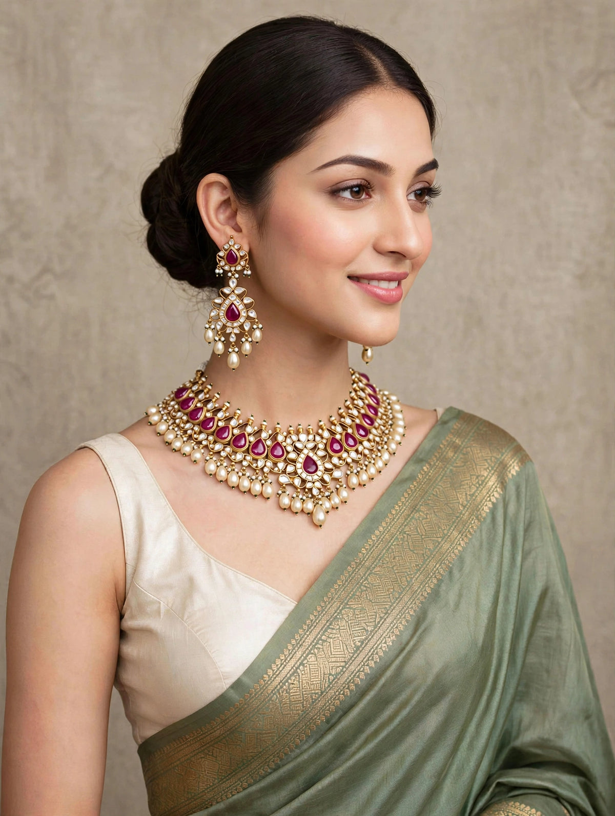 Handmade Kundan Choker Necklace Earrings Set, 22K Gold Plated Indian Bridal Jewelry