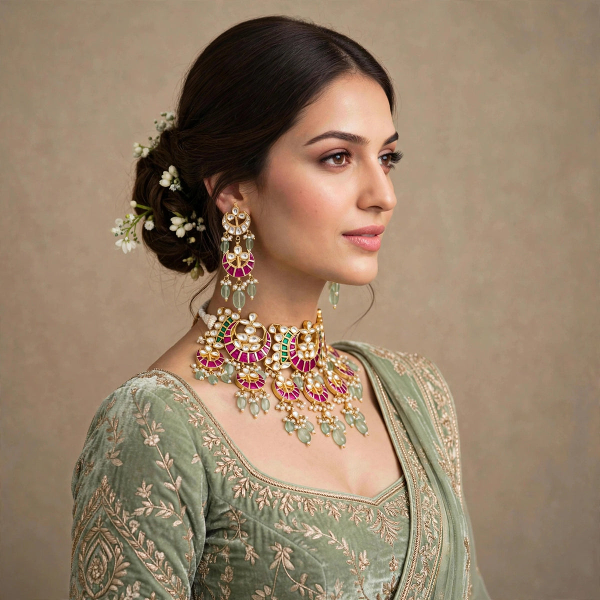 Kundan Choker Necklace with Chandbali Earrings