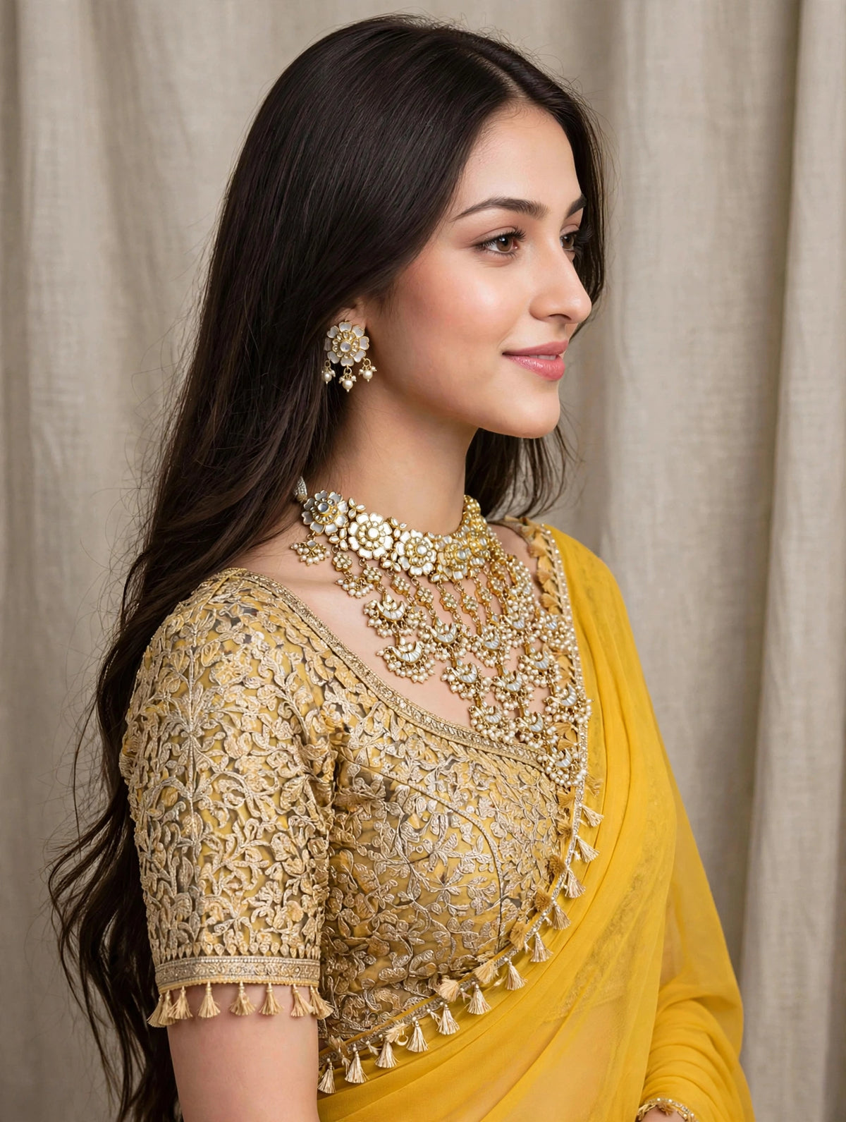 Handmade Kundan Choker Necklace Earrings Set, Gold Plated Mother of Pearl Indian Bridal Jewelry