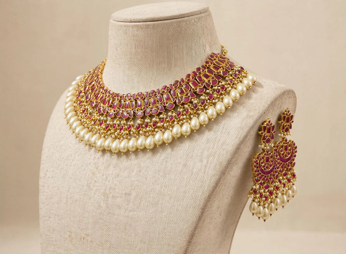 Kundan Jewelry, South Indian Bridal Choker Necklace with Chandbali Earrings