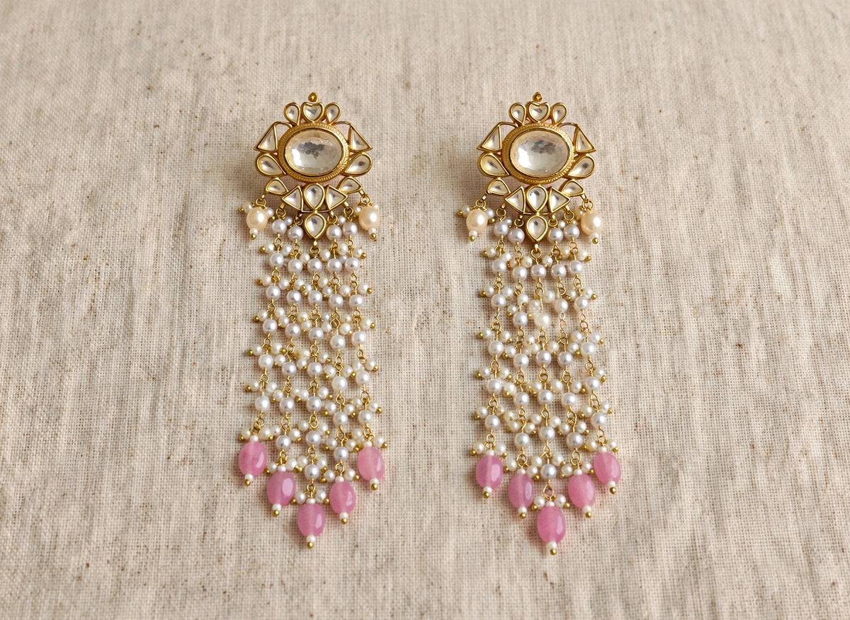 Handmade Kundan Bridal Jewelry Set, 22K Gold Plated, Pink Beads