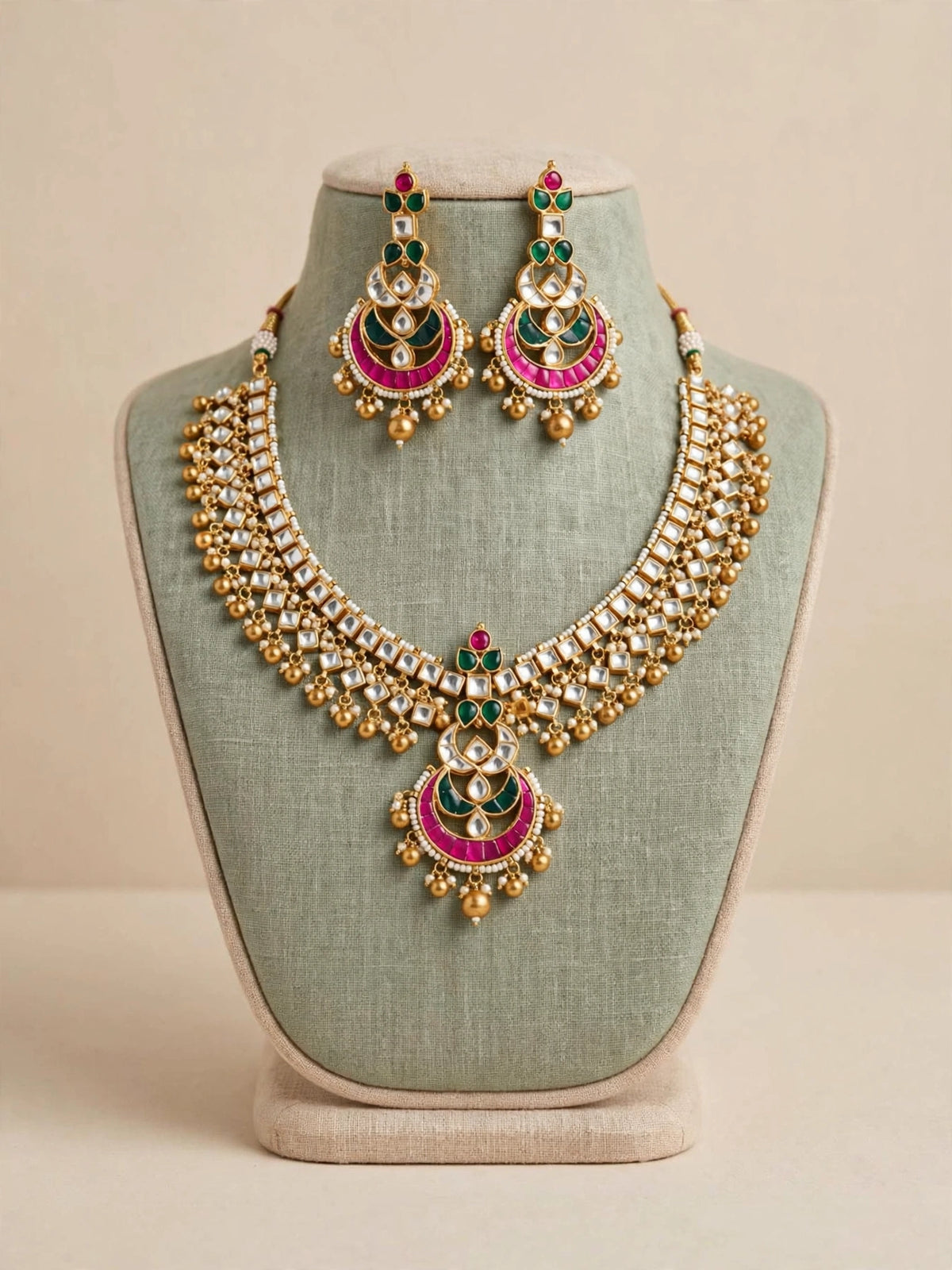 Handmade Kundan Bridal Jewelry Set, Gold Plated Wedding Necklace