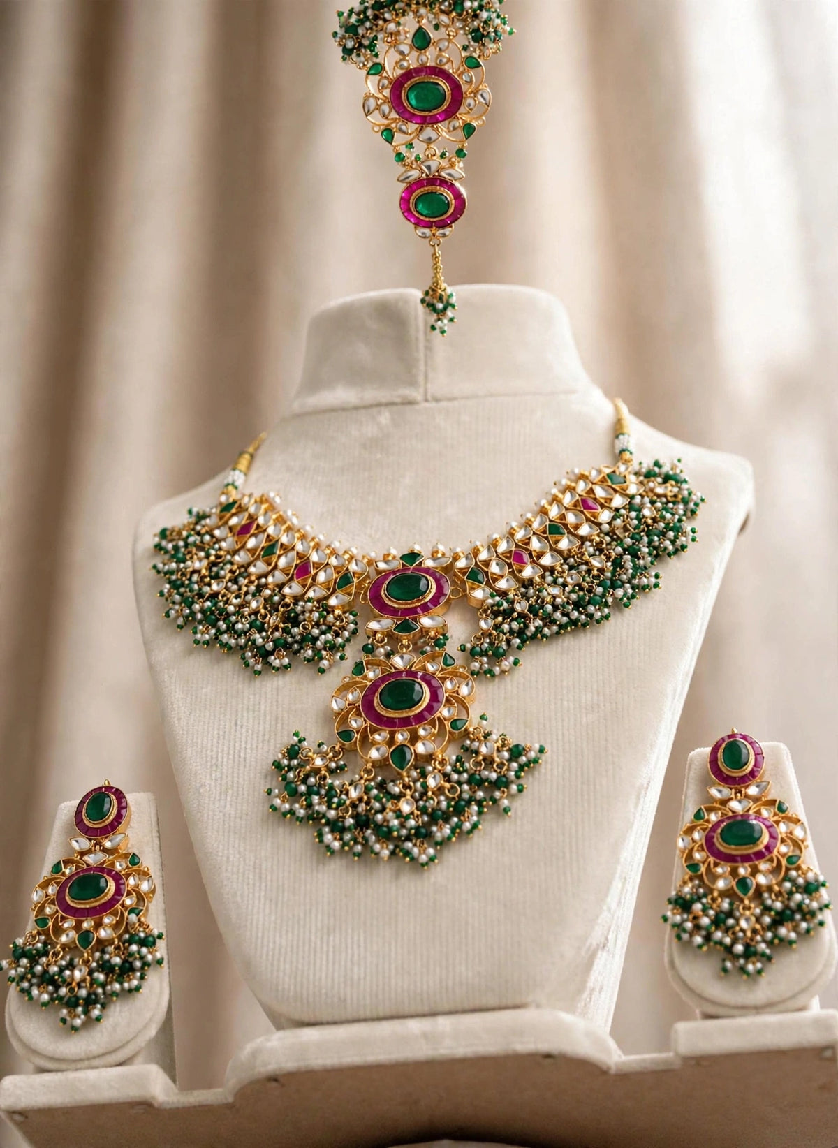 Kundan Choker Necklace Set with Earrings & Maang Tikka | Green Stone Indian Wedding Jewelry