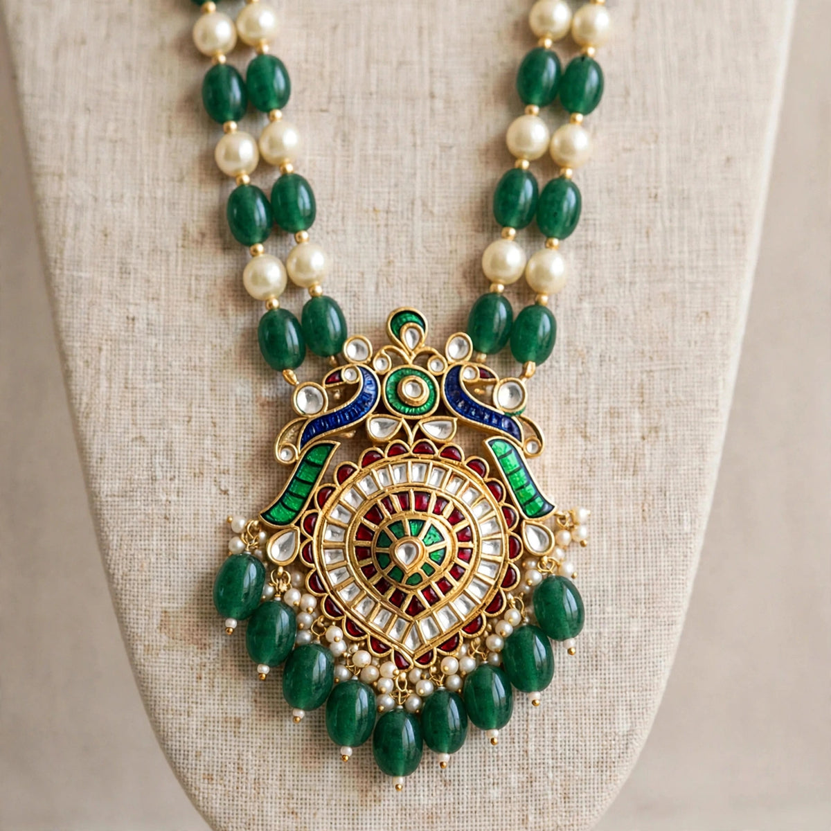 Kundan Jewelry Set | Gold Plated Necklace, Emerald and Pearl Earrings