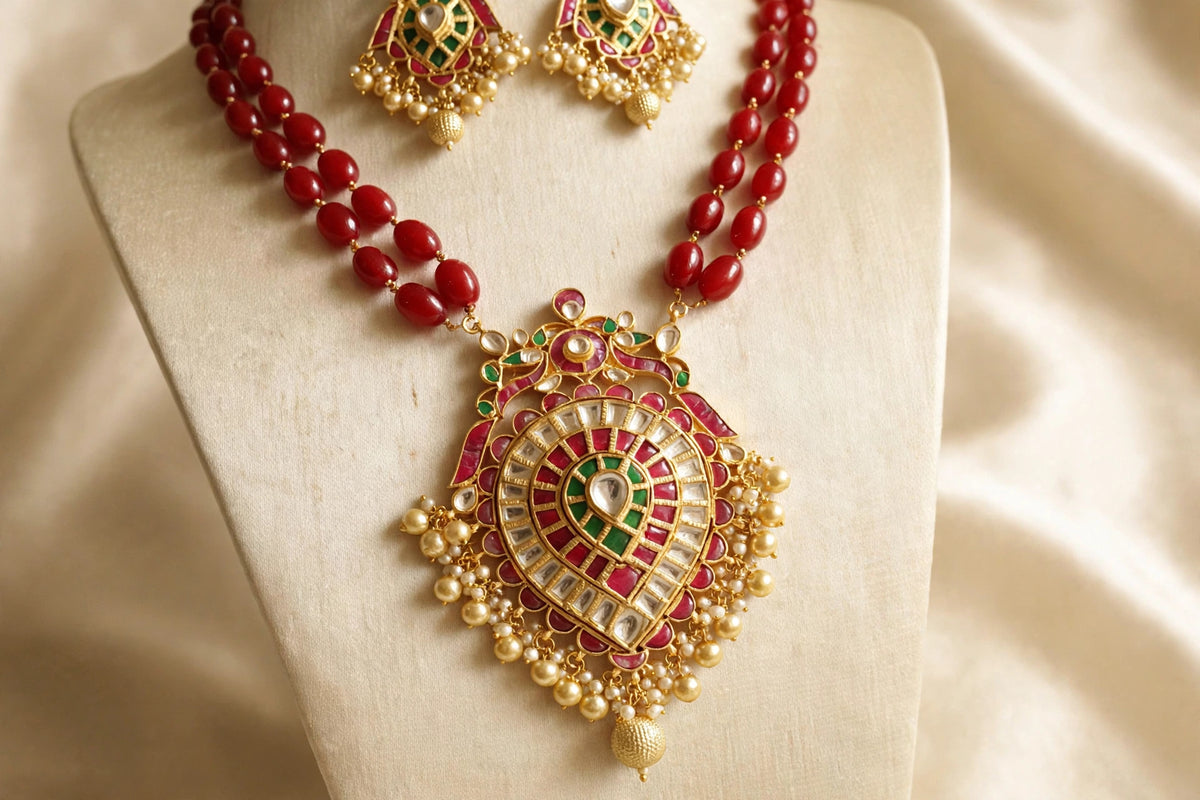 Handmade Kundan Jewelry Set, Gold Plated South Indian Necklace with peacock earrings
