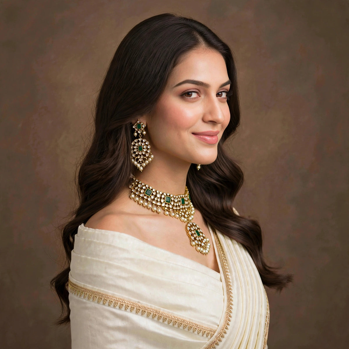 Handmade Kundan Choker Necklace with Earrings , 22k Gold Plated Indian Wedding Jewellery Sets