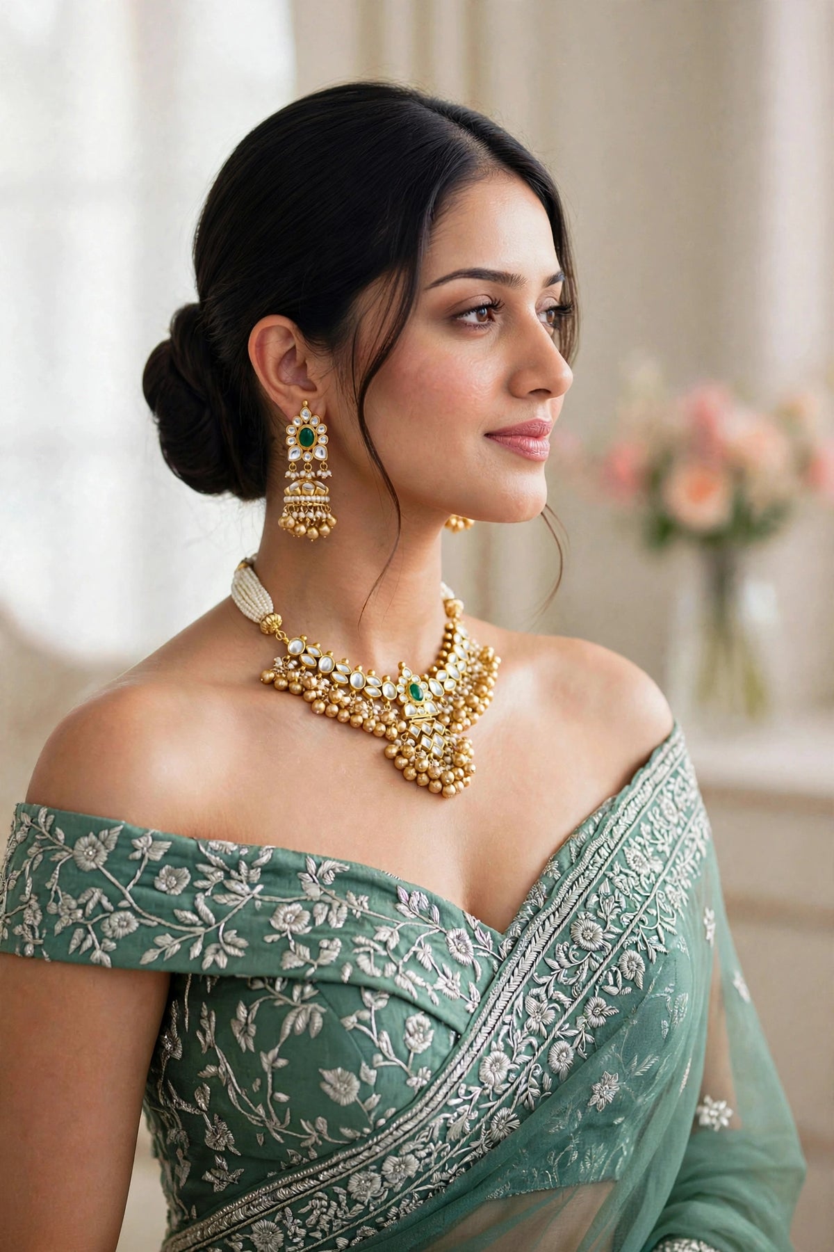 Kundan Choker Necklace Set, Gold Plated Indian Bridal Jewelry