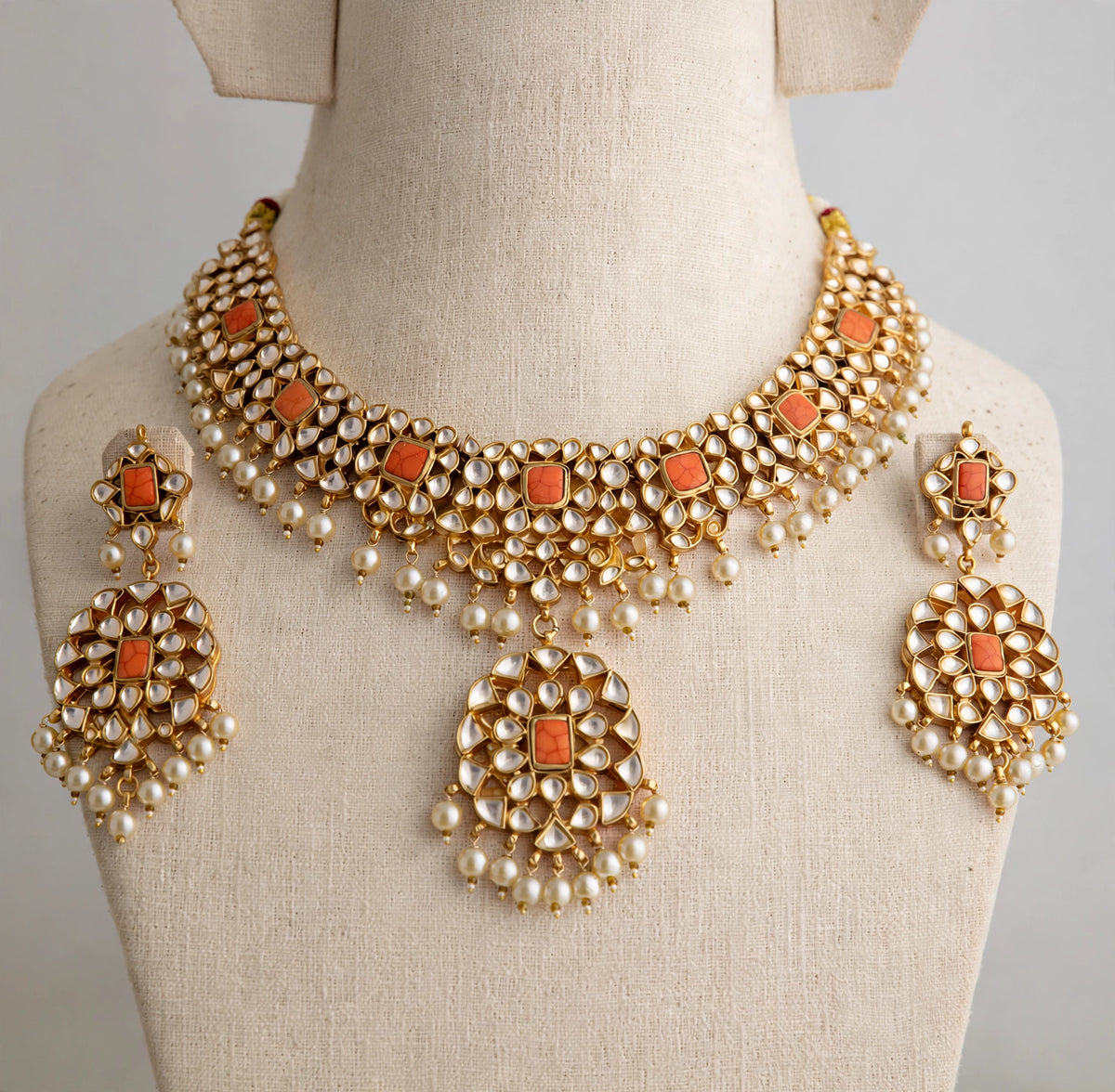 Handmade Kundan Choker Necklace with Earrings , 22k Gold Plated Indian Wedding Jewellery Sets