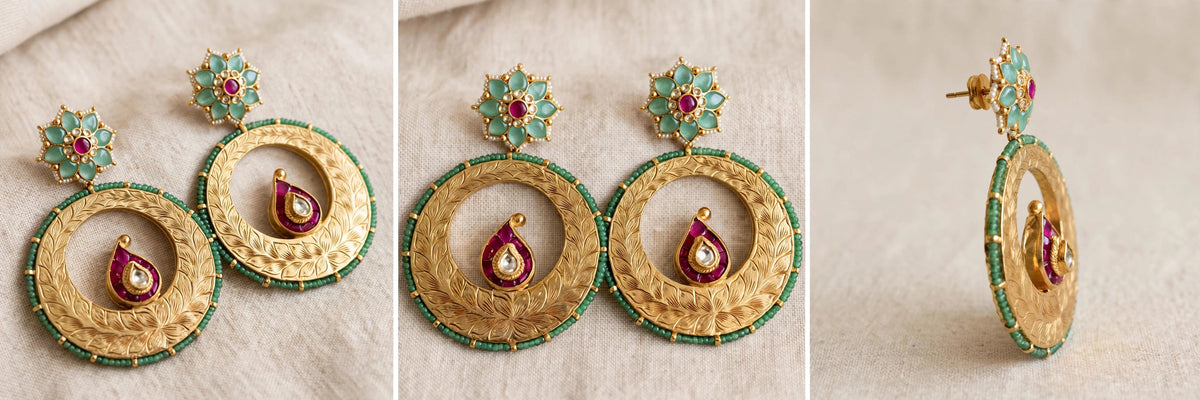 Handmade Kundan Chandbali Earrings, Gold Plated Statement Jewelry