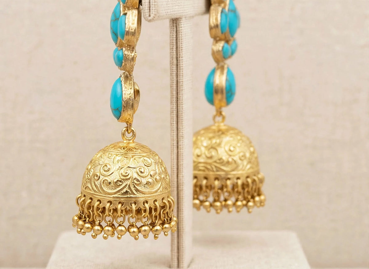 Handmade Turquoise Kundan Earrings Jhumkhi | Gold Plated Ethnic Jewelry