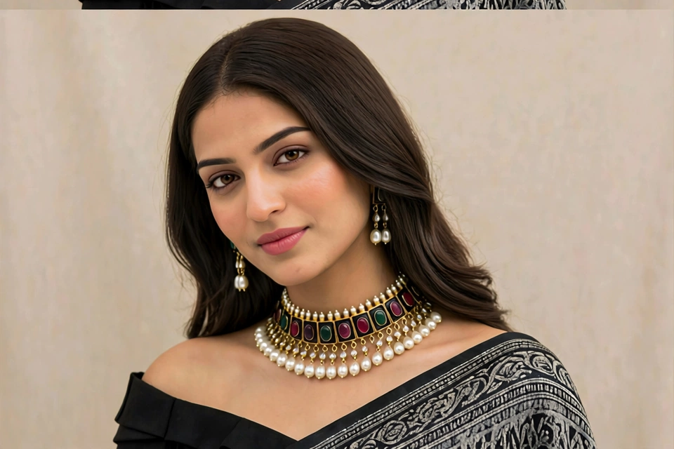 Black Enamelled Designer Kundan Jewellery Set, Statement Choker Necklace with Earrings