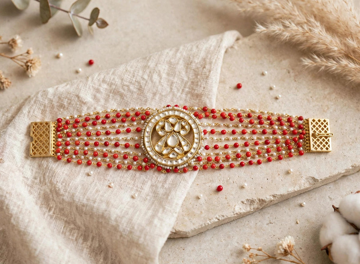 Kundan Bracelet, Indian Bridal Jewelry, Handmade Coral Flexible Bracelet