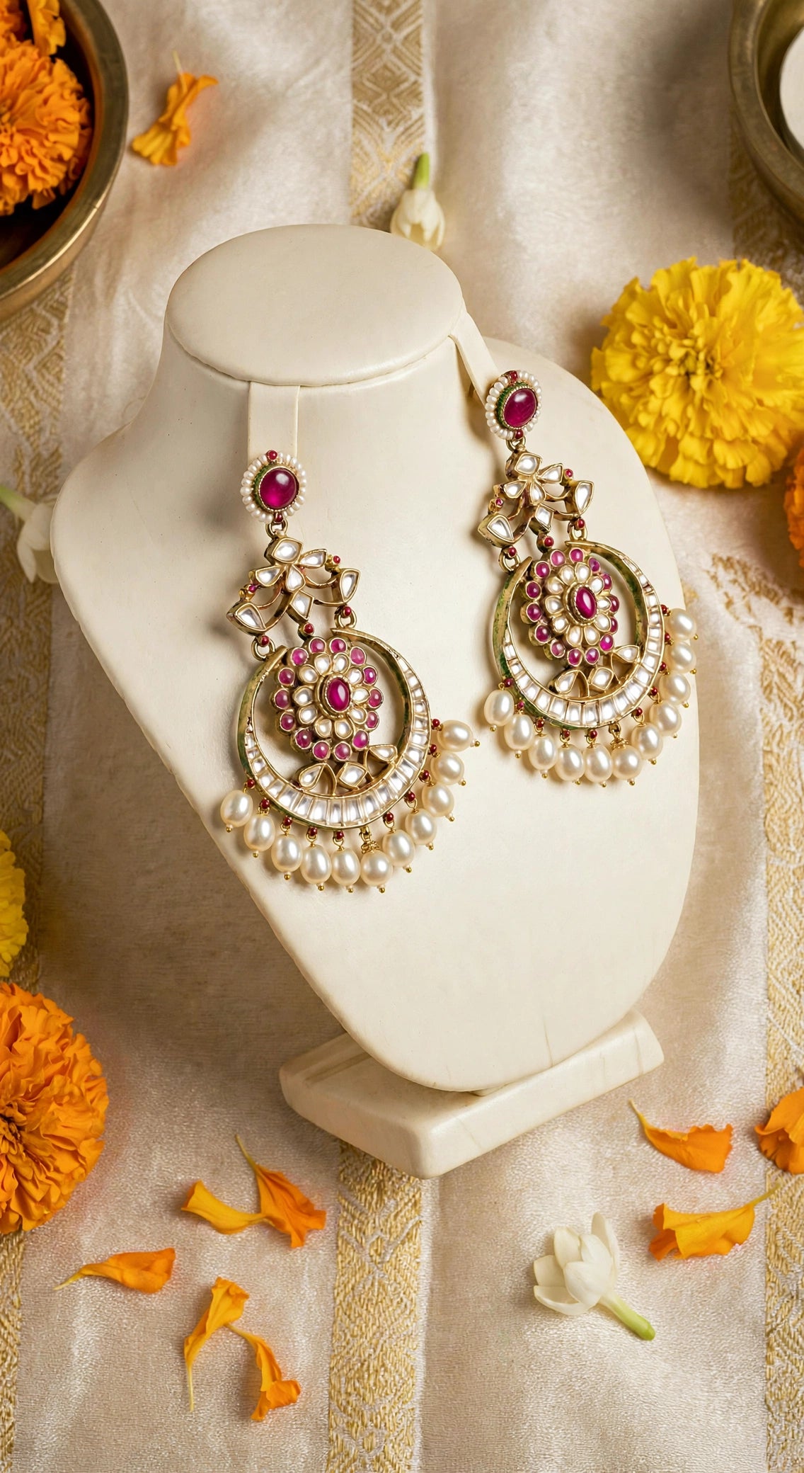Kundan Chandbali Earrings, Gold Finish, Pearl Drop, Indian Bridal Jewelry