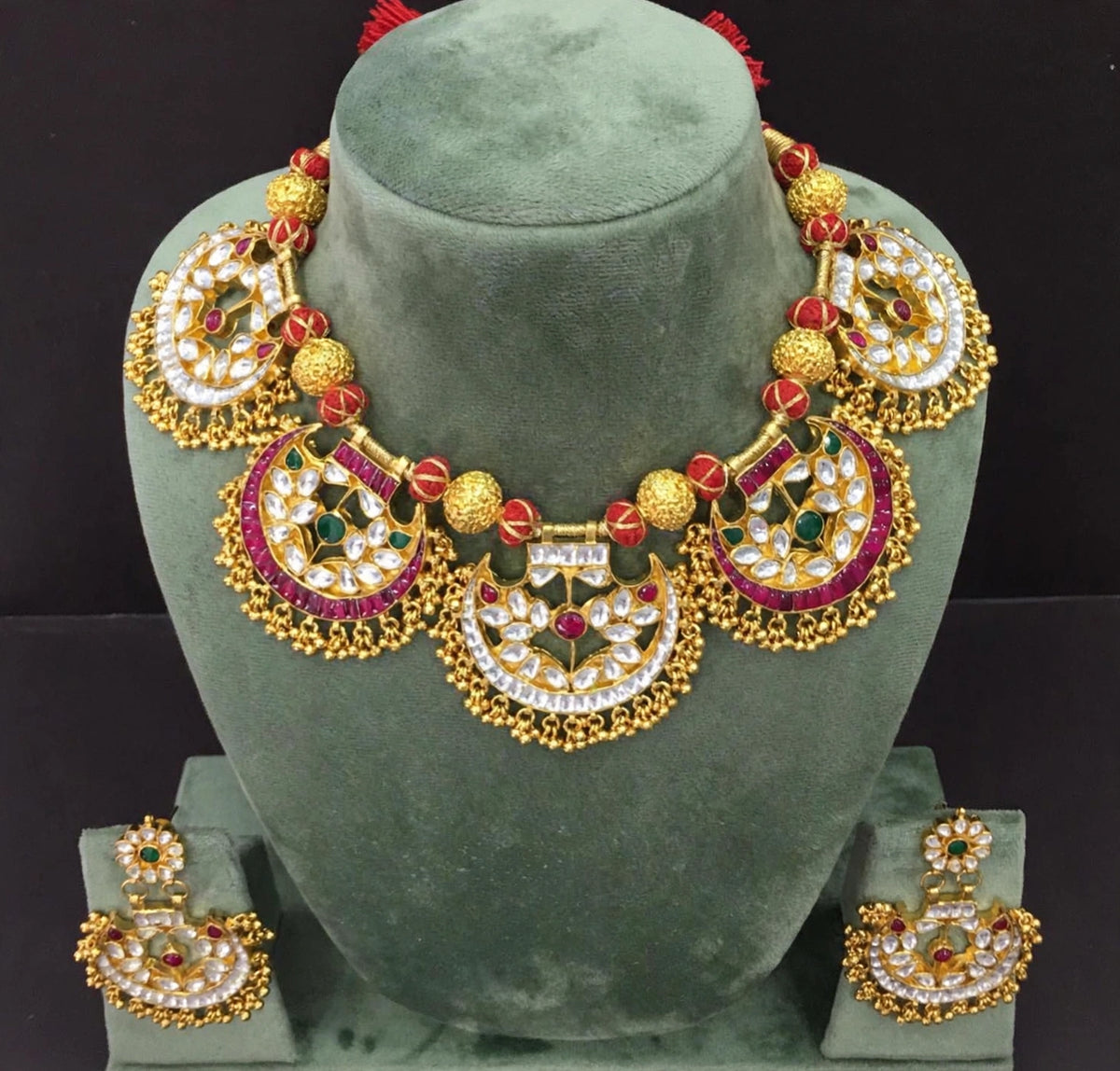 Kundan Necklace with Earrings, Ethnic Indian Jewelry with Gold Plating