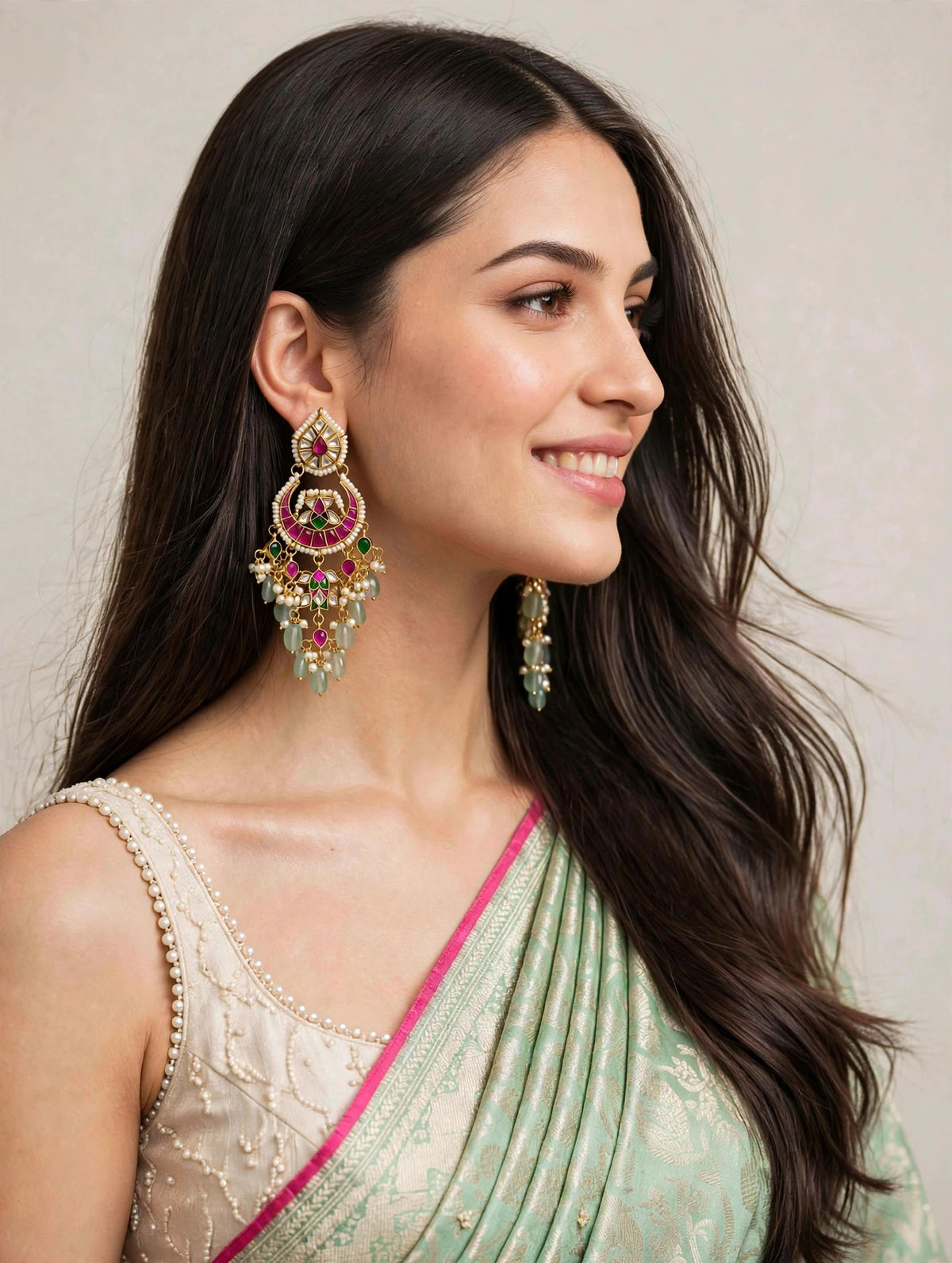 Handmade Kundan Chandbali Earrings, Gold Plated Indian Bridal Jewelry