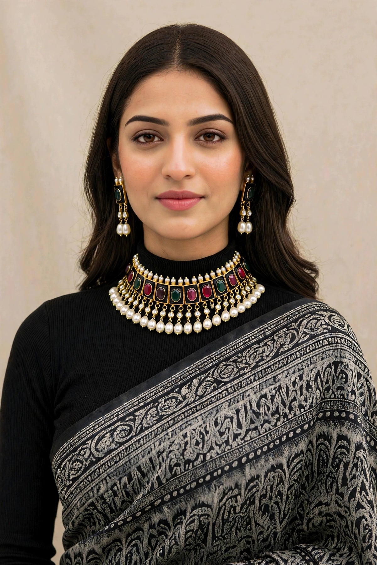 Black Enamelled Designer Kundan Jewellery Set, Statement Choker Necklace with Earrings