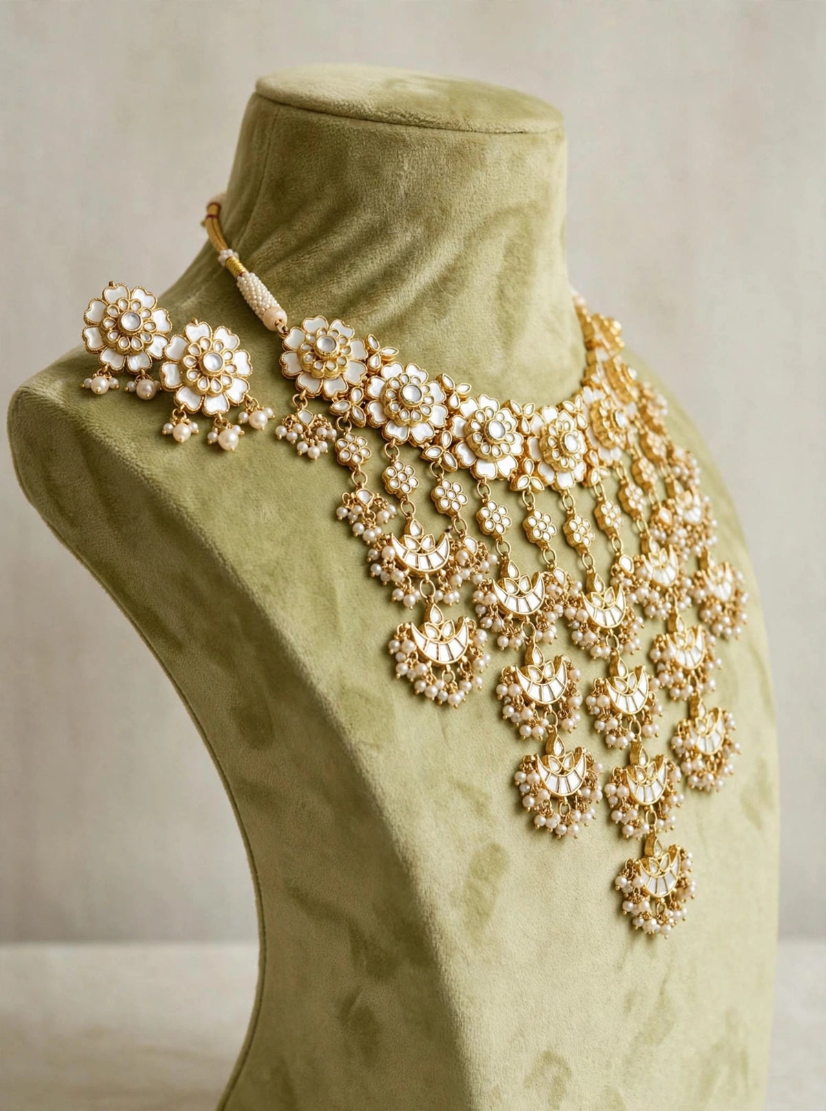 Handmade Kundan Choker Necklace Earrings Set, Gold Plated Mother of Pearl Indian Bridal Jewelry