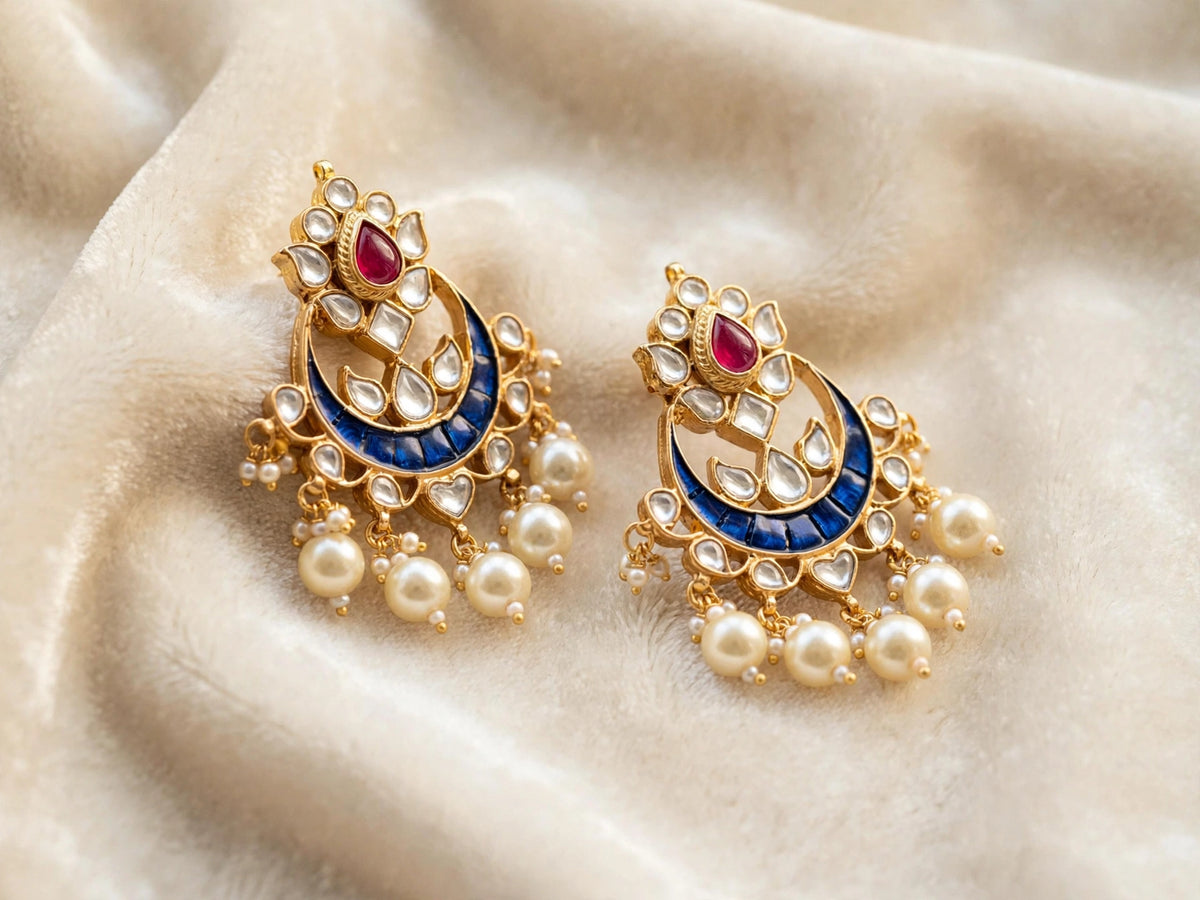 Handcrafted Kundan Chandbali Earrings, South Indian Style, Pearl Hangings