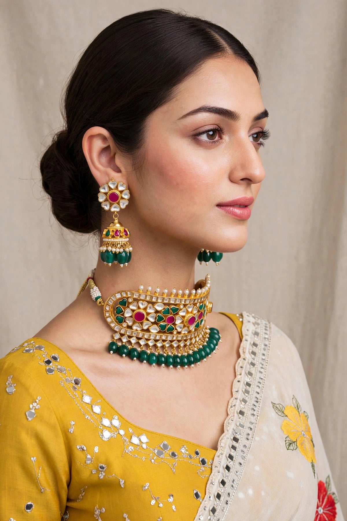 Indian Traditional Kundan Choker Set, 22K Gold Plated Indian Bridal Collar Necklace
