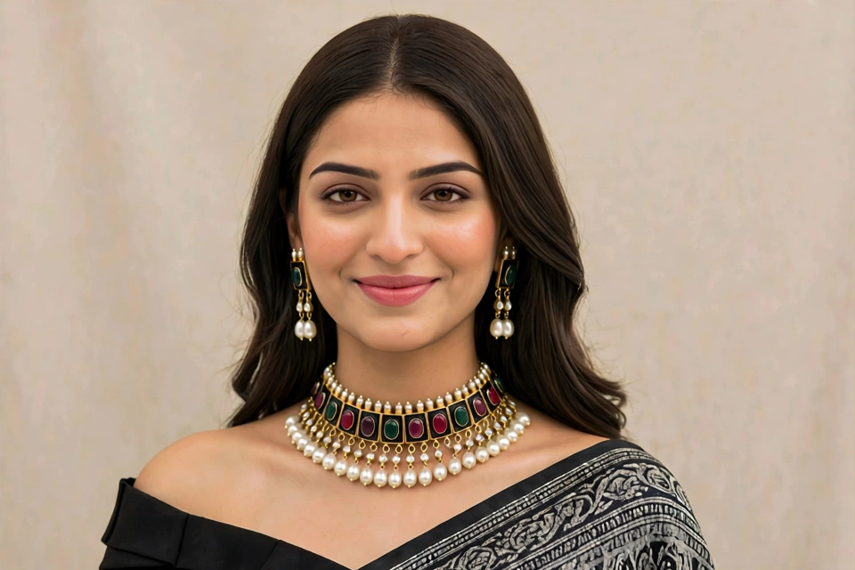 Black Enamelled Designer Kundan Jewellery Set, Statement Choker Necklace with Earrings