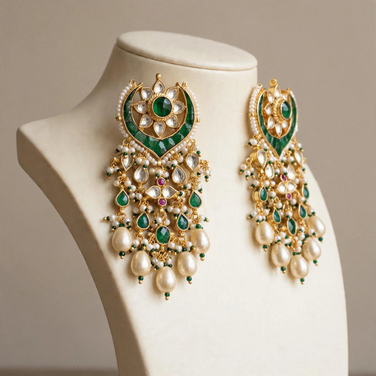 Handmade Green Kundan Chandbali Earrings, Gold Plated Indian Bridal Jewelry
