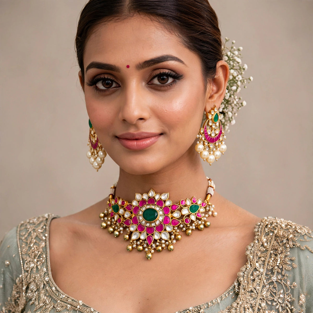 Handmade Kundan Choker Necklace Set, 22K Gold Plated, Bollywood Bridal Jewelry