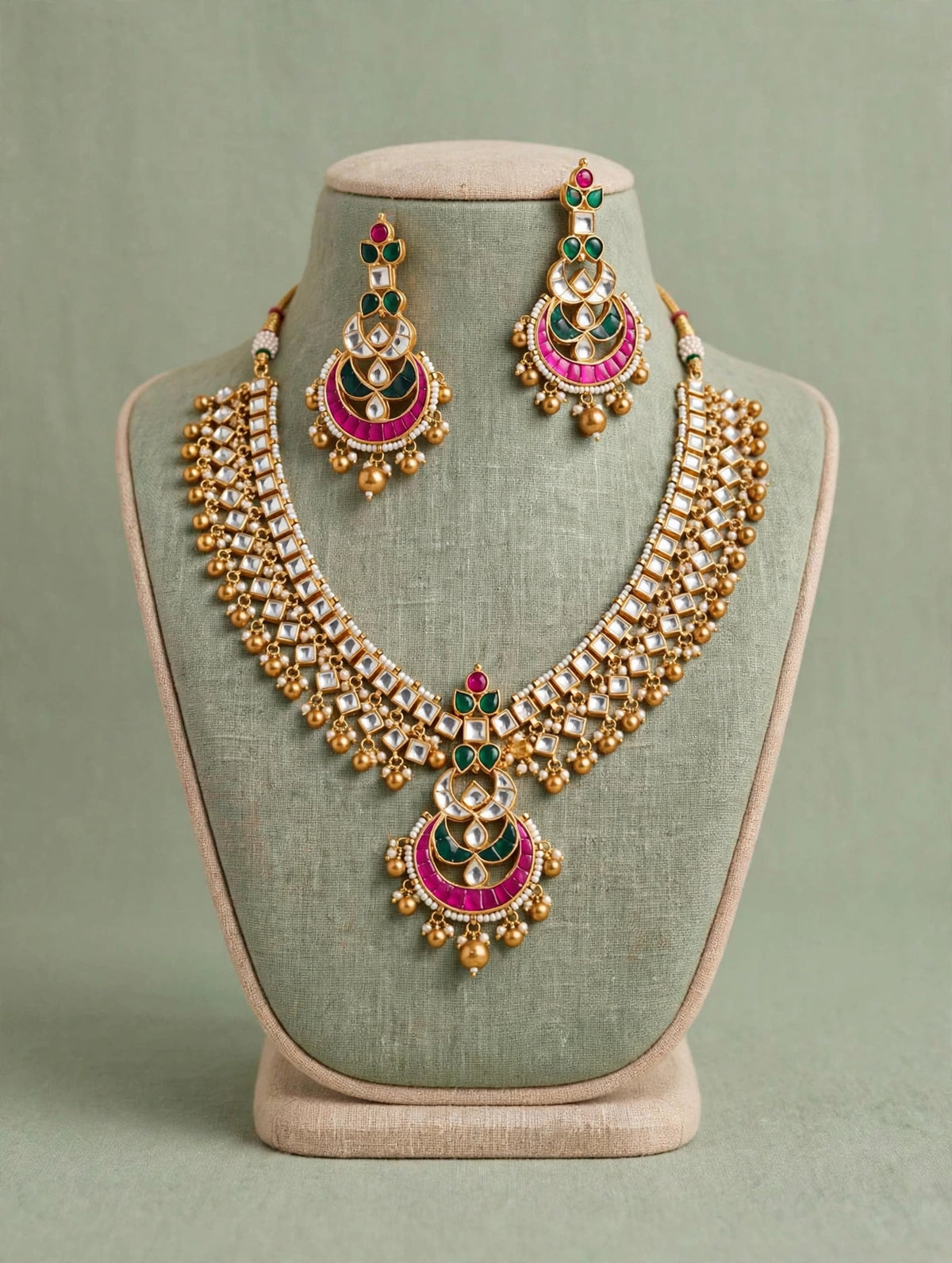 Handmade Kundan Bridal Jewelry Set, Gold Plated Wedding Necklace